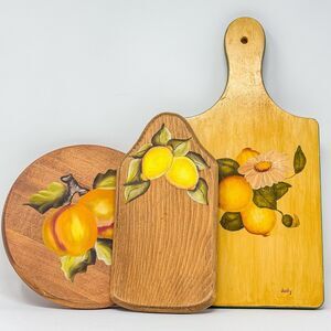 Vintage Hand Painted Wooden Cutting Board Set Lemon Fruit Folk Art Signed Judy